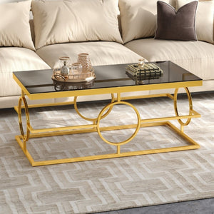 English Elm Modern Gold Metal Coffee Table Tempered Glass Top Art Deco Ring Base Living Room Black N735P502384B