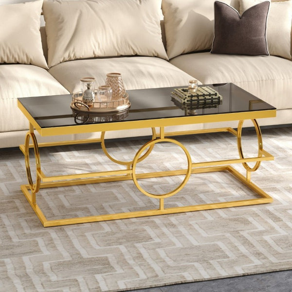 English Elm Modern Gold Metal Coffee Table Tempered Glass Top Art Deco Ring Base Living Room Black N735P502384B