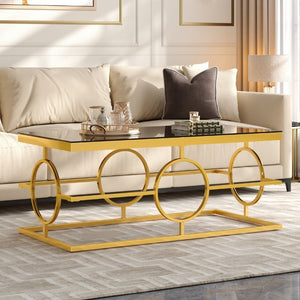 English Elm Modern Gold Metal Coffee Table Tempered Glass Top Art Deco Ring Base Living Room Black N735P502384B