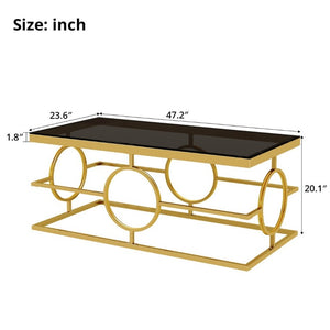 English Elm Modern Gold Metal Coffee Table Tempered Glass Top Art Deco Ring Base Living Room Black N735P502384B