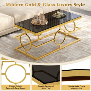 English Elm Modern Gold Metal Coffee Table Tempered Glass Top Art Deco Ring Base Living Room Black N735P502384B