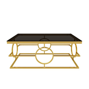 English Elm Modern Gold Metal Coffee Table Tempered Glass Top Art Deco Ring Base Living Room Black N735P502384B