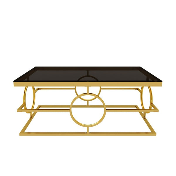 English Elm Modern Gold Metal Coffee Table Tempered Glass Top Art Deco Ring Base Living Room Black N735P502384B