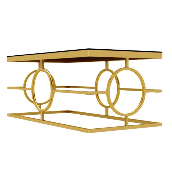 English Elm Modern Gold Metal Coffee Table Tempered Glass Top Art Deco Ring Base Living Room Black N735P502384B