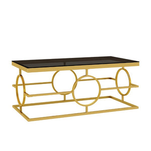 English Elm Modern Gold Metal Coffee Table Tempered Glass Top Art Deco Ring Base Living Room Black N735P502384B