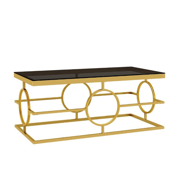 English Elm Modern Gold Metal Coffee Table Tempered Glass Top Art Deco Ring Base Living Room Black N735P502384B