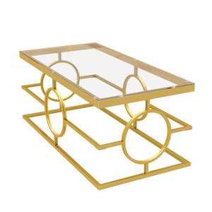 English Elm Modern Gold Metal Coffee Table Tempered Glass Top Art Deco Ring Base Living Room Transparent N735P502384K