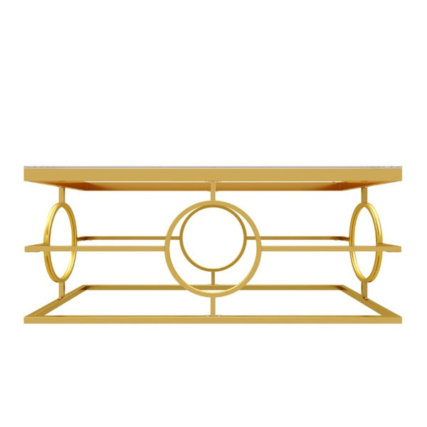 English Elm Modern Gold Metal Coffee Table Tempered Glass Top Art Deco Ring Base Living Room Transparent N735P502384K
