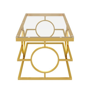 English Elm Modern Gold Metal Coffee Table Tempered Glass Top Art Deco Ring Base Living Room Transparent N735P502384K