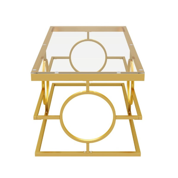 English Elm Modern Gold Metal Coffee Table Tempered Glass Top Art Deco Ring Base Living Room Transparent N735P502384K