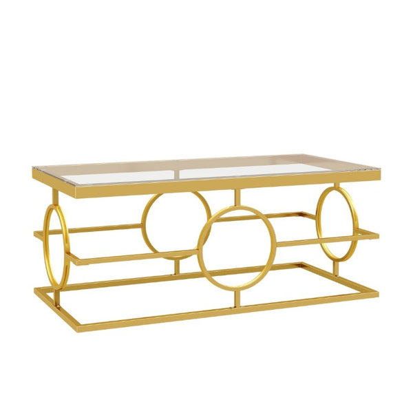 English Elm Modern Gold Metal Coffee Table Tempered Glass Top Art Deco Ring Base Living Room Transparent N735P502384K