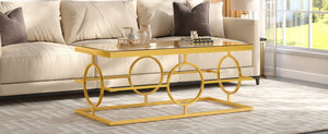 English Elm Modern Gold Metal Coffee Table Tempered Glass Top Art Deco Ring Base Living Room Transparent N735P502384K