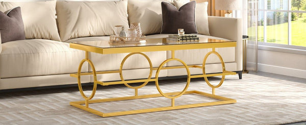 English Elm Modern Gold Metal Coffee Table Tempered Glass Top Art Deco Ring Base Living Room Transparent N735P502384K