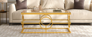 English Elm Modern Gold Metal Coffee Table Tempered Glass Top Art Deco Ring Base Living Room Transparent N735P502384K