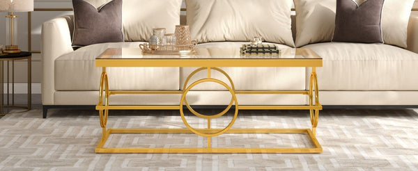 English Elm Modern Gold Metal Coffee Table Tempered Glass Top Art Deco Ring Base Living Room Transparent N735P502384K