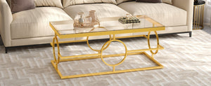 English Elm Modern Gold Metal Coffee Table Tempered Glass Top Art Deco Ring Base Living Room Transparent N735P502384K