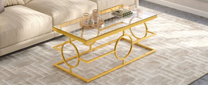 English Elm Modern Gold Metal Coffee Table Tempered Glass Top Art Deco Ring Base Living Room Transparent N735P502384K