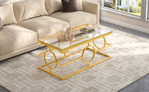 English Elm Modern Gold Metal Coffee Table Tempered Glass Top Art Deco Ring Base Living Room Transparent N735P502384K