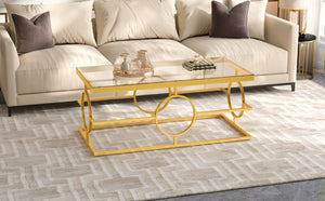 English Elm Modern Gold Metal Coffee Table Tempered Glass Top Art Deco Ring Base Living Room Transparent N735P502384K