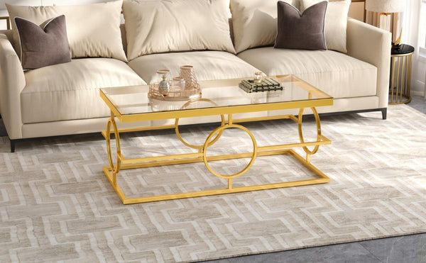 English Elm Modern Gold Metal Coffee Table Tempered Glass Top Art Deco Ring Base Living Room Transparent N735P502384K
