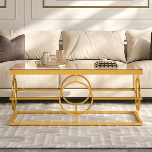 English Elm Modern Gold Metal Coffee Table Tempered Glass Top Art Deco Ring Base Living Room Transparent N735P502384K