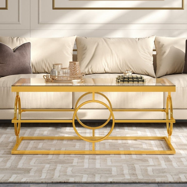 English Elm Modern Gold Metal Coffee Table Tempered Glass Top Art Deco Ring Base Living Room Transparent N735P502384K