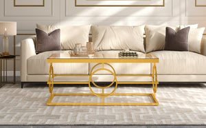 English Elm Modern Gold Metal Coffee Table Tempered Glass Top Art Deco Ring Base Living Room Transparent N735P502384K