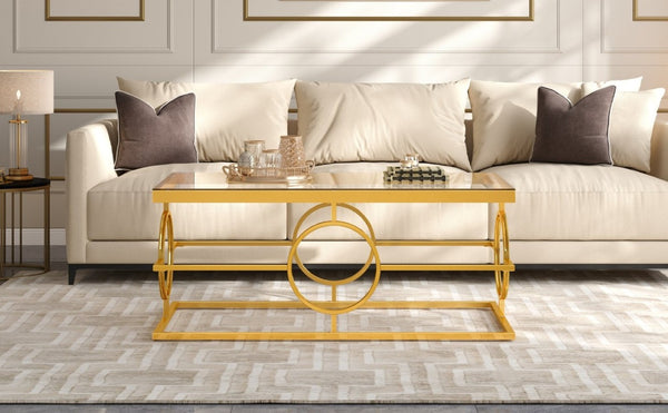 English Elm Modern Gold Metal Coffee Table Tempered Glass Top Art Deco Ring Base Living Room Transparent N735P502384K