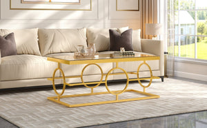 English Elm Modern Gold Metal Coffee Table Tempered Glass Top Art Deco Ring Base Living Room Transparent N735P502384K