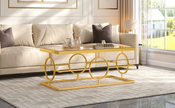 English Elm Modern Gold Metal Coffee Table Tempered Glass Top Art Deco Ring Base Living Room Transparent N735P502384K