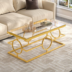 English Elm Modern Gold Metal Coffee Table Tempered Glass Top Art Deco Ring Base Living Room Transparent N735P502384K