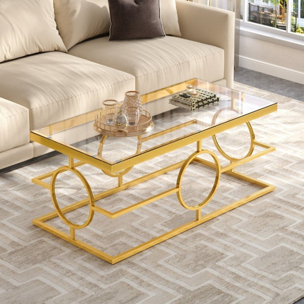 English Elm Modern Gold Metal Coffee Table Tempered Glass Top Art Deco Ring Base Living Room Transparent N735P502384K