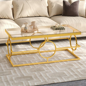 English Elm Modern Gold Metal Coffee Table Tempered Glass Top Art Deco Ring Base Living Room Transparent N735P502384K