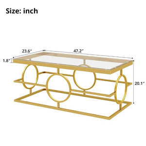 English Elm Modern Gold Metal Coffee Table Tempered Glass Top Art Deco Ring Base Living Room Transparent N735P502384K