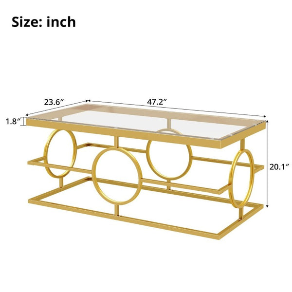 English Elm Modern Gold Metal Coffee Table Tempered Glass Top Art Deco Ring Base Living Room Transparent N735P502384K
