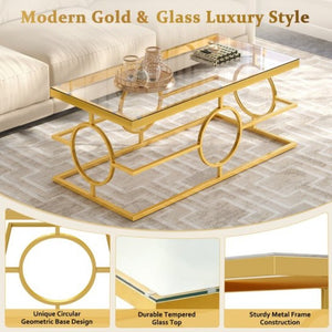English Elm Modern Gold Metal Coffee Table Tempered Glass Top Art Deco Ring Base Living Room Transparent N735P502384K