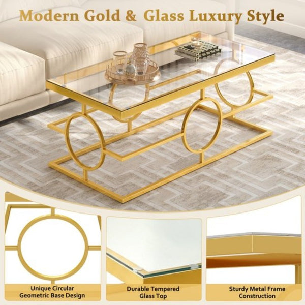 English Elm Modern Gold Metal Coffee Table Tempered Glass Top Art Deco Ring Base Living Room Transparent N735P502384K