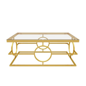 English Elm Modern Gold Metal Coffee Table Tempered Glass Top Art Deco Ring Base Living Room Transparent N735P502384K
