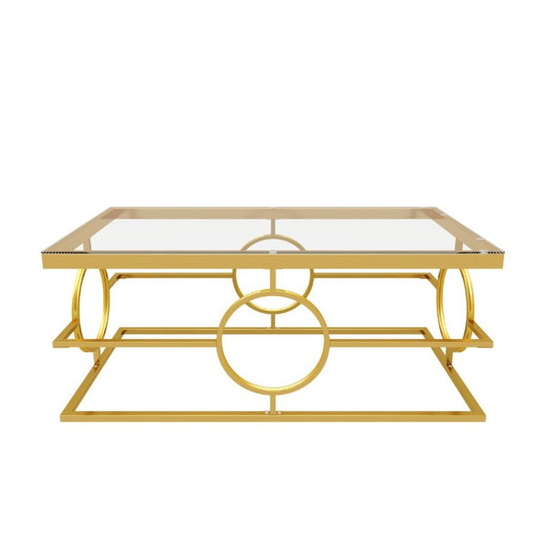 English Elm Modern Gold Metal Coffee Table Tempered Glass Top Art Deco Ring Base Living Room Transparent N735P502384K
