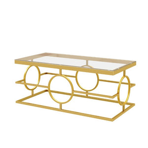 English Elm Modern Gold Metal Coffee Table Tempered Glass Top Art Deco Ring Base Living Room Transparent N735P502384K
