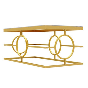 English Elm Modern Gold Metal Coffee Table Tempered Glass Top Art Deco Ring Base Living Room Transparent N735P502384K