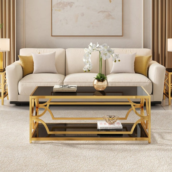English Elm Modern Two Tier Tempered Glass Coffee Table with Gold Geometric Metal Frame for Living Room Black N735P502391B