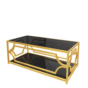 English Elm Modern Two Tier Tempered Glass Coffee Table with Gold Geometric Metal Frame for Living Room Black N735P502391B