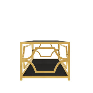 English Elm Modern Two Tier Tempered Glass Coffee Table with Gold Geometric Metal Frame for Living Room Black N735P502391B