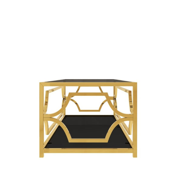 English Elm Modern Two Tier Tempered Glass Coffee Table with Gold Geometric Metal Frame for Living Room Black N735P502391B