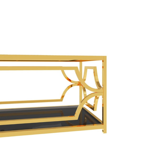 English Elm Modern Two Tier Tempered Glass Coffee Table with Gold Geometric Metal Frame for Living Room Black N735P502391B