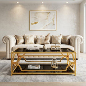 English Elm Modern Two Tier Tempered Glass Coffee Table with Gold Geometric Metal Frame for Living Room Black N735P502391B