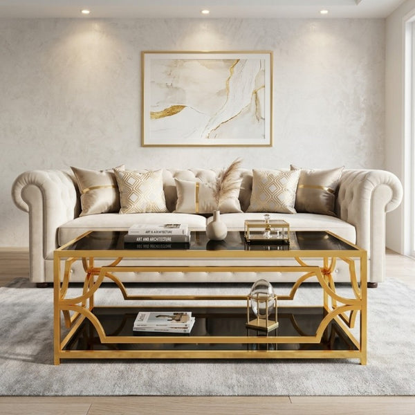 English Elm Modern Two Tier Tempered Glass Coffee Table with Gold Geometric Metal Frame for Living Room Black N735P502391B