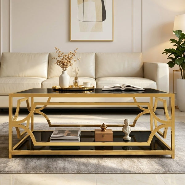 English Elm Modern Two Tier Tempered Glass Coffee Table with Gold Geometric Metal Frame for Living Room Black N735P502391B