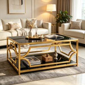 English Elm Modern Two Tier Tempered Glass Coffee Table with Gold Geometric Metal Frame for Living Room Black N735P502391B